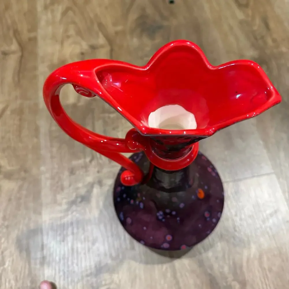 VTG 1972 Signed Studio Art Pottery Vase Ewer Pitcher Red Purple Speckled Glaze